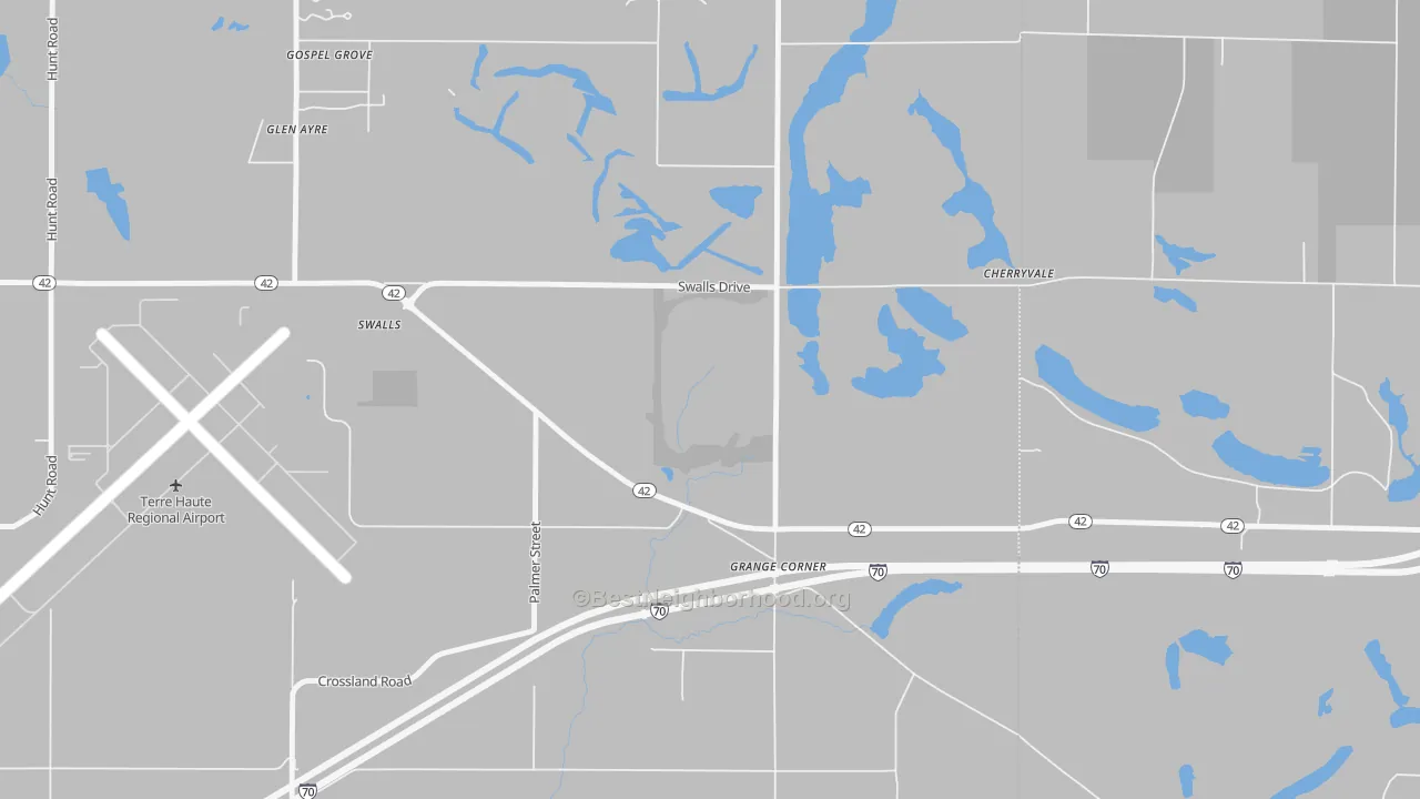 Walk Grade map of Gospel Grove, IN, walkable areas in green and car-dependent areas in red