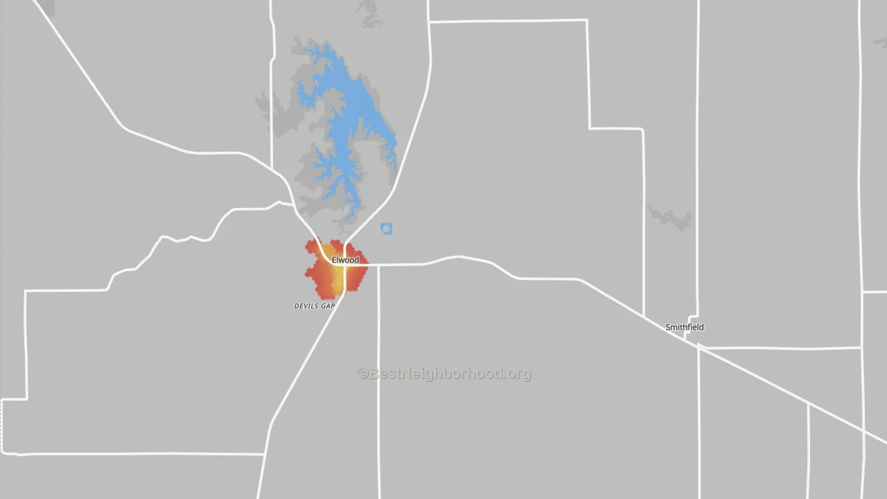 Walk Grade map of Gosper County, NE, walkable areas in green and car-dependent areas in red