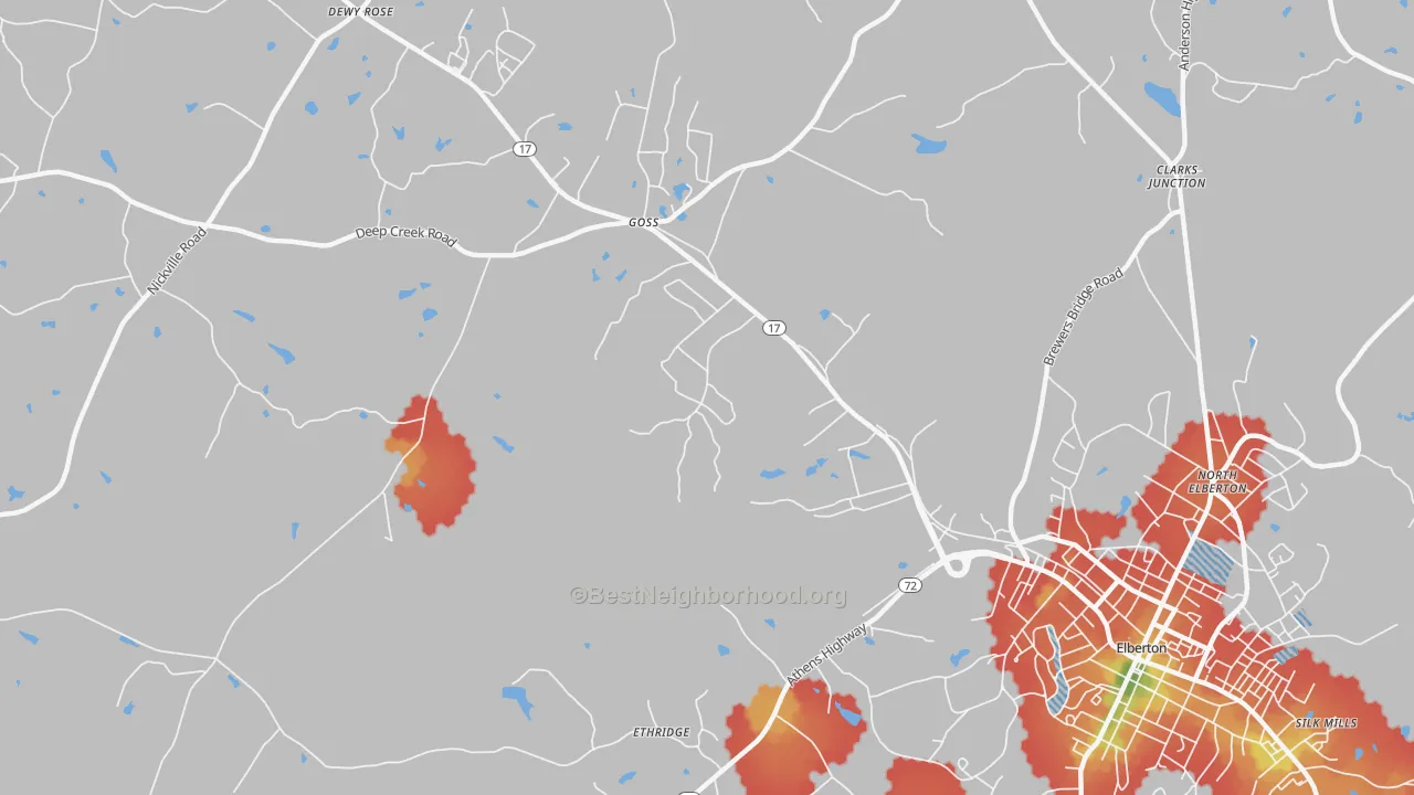 Walk Grade map of Goss, GA, walkable areas in green and car-dependent areas in red