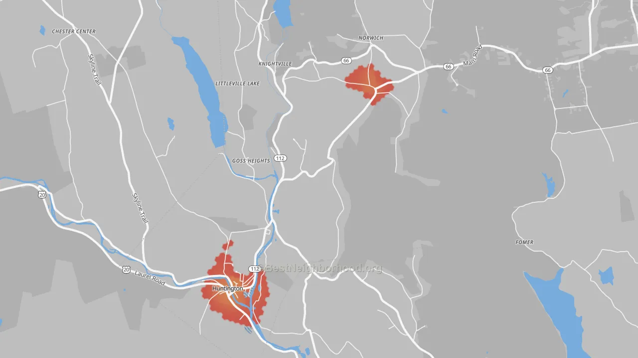 Walk Grade map of Goss Heights, MA, walkable areas in green and car-dependent areas in red