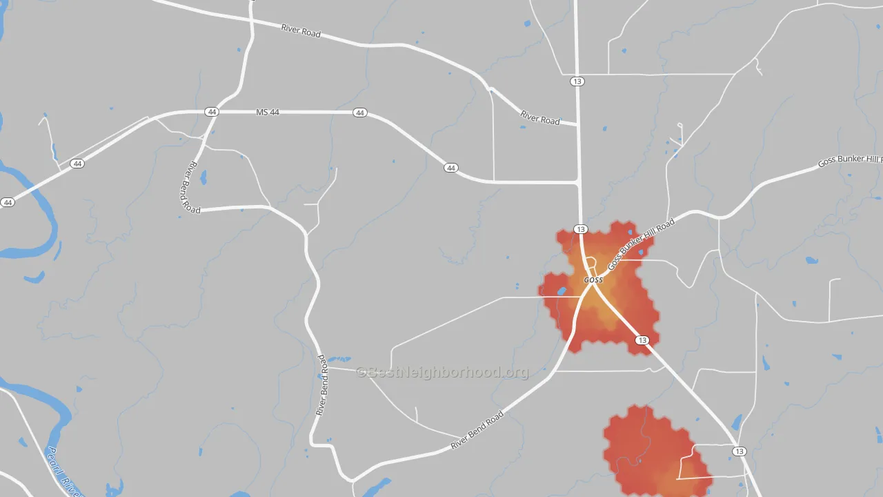 Walk Grade map of Goss, MS, walkable areas in green and car-dependent areas in red