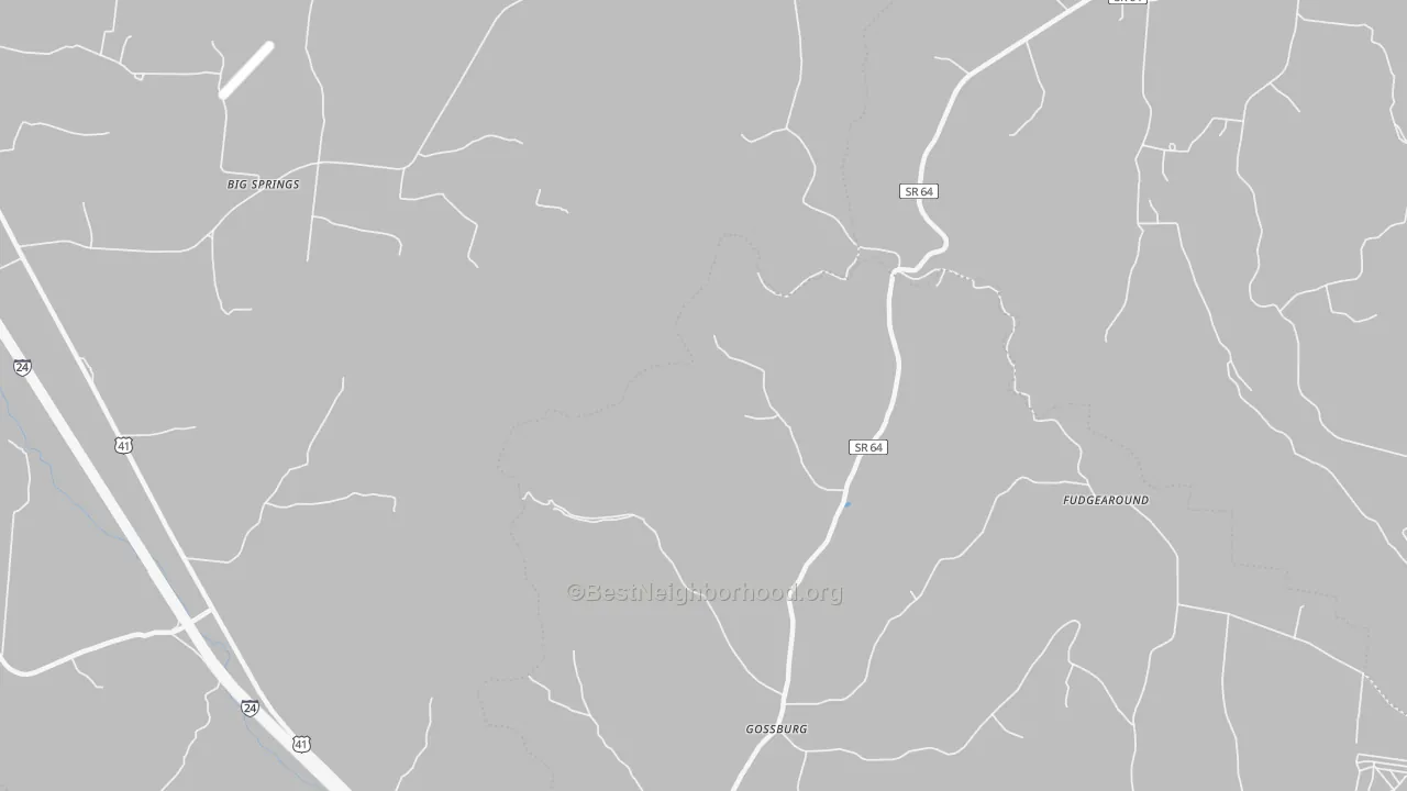 Walk Grade map of Gossburg, TN, walkable areas in green and car-dependent areas in red