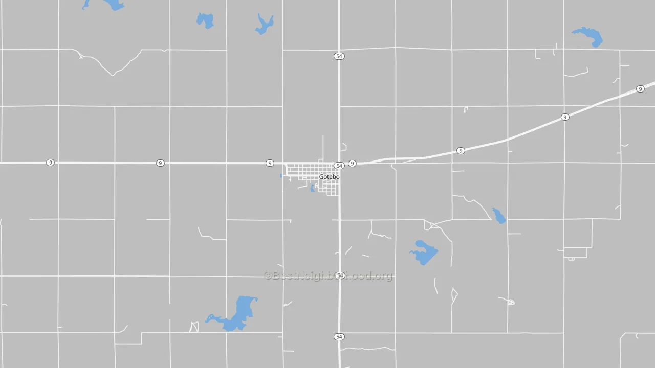 Walk Grade map of Gotebo, OK, walkable areas in green and car-dependent areas in red