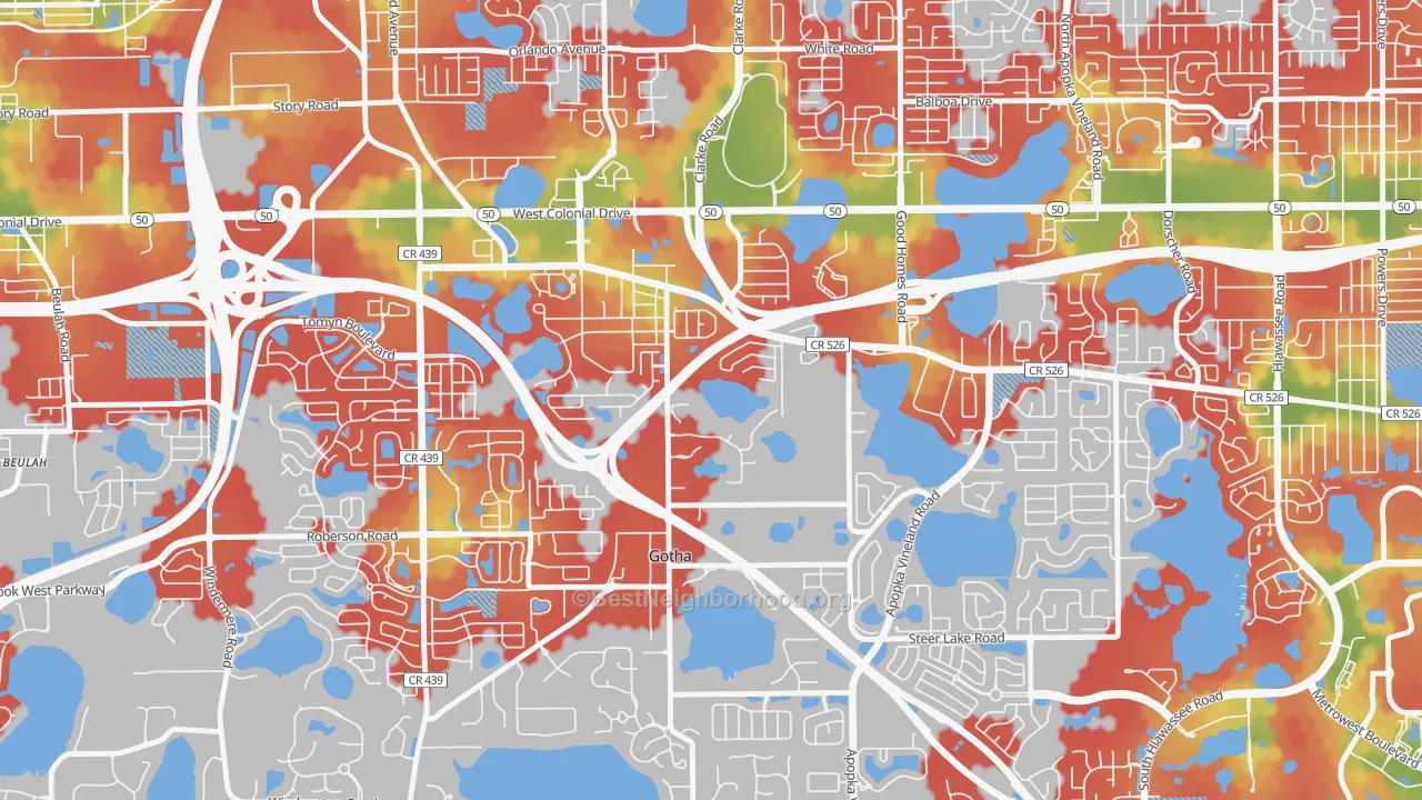 Walk Grade map of Gotha, FL, walkable areas in green and car-dependent areas in red