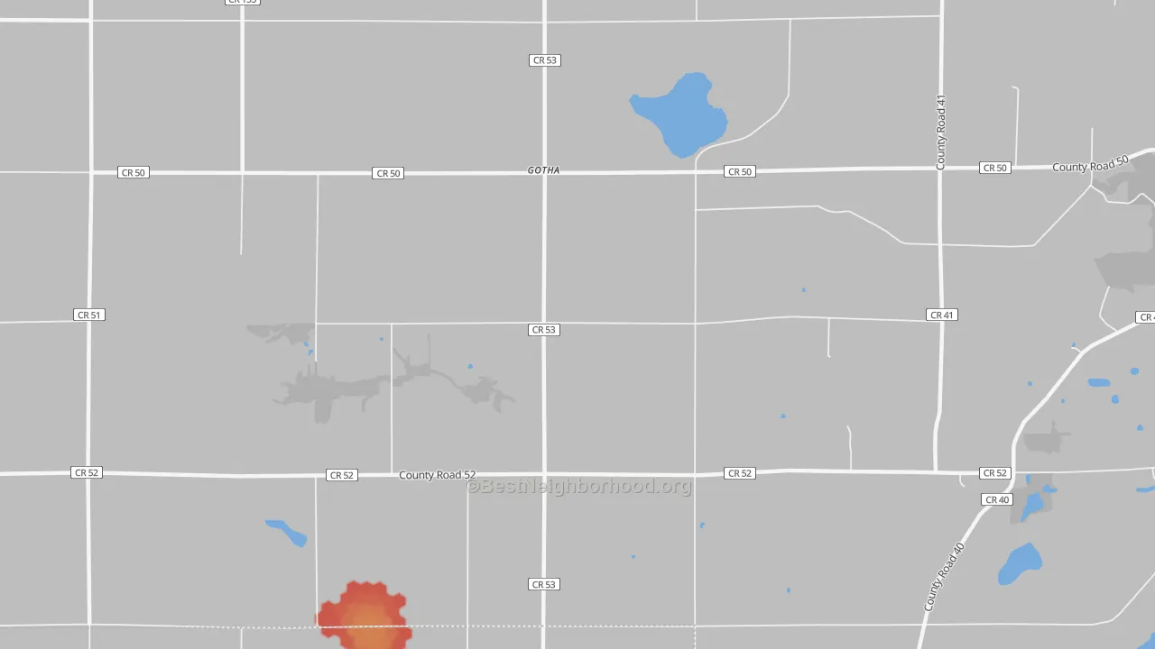 Walk Grade map of Gotha, MN, walkable areas in green and car-dependent areas in red