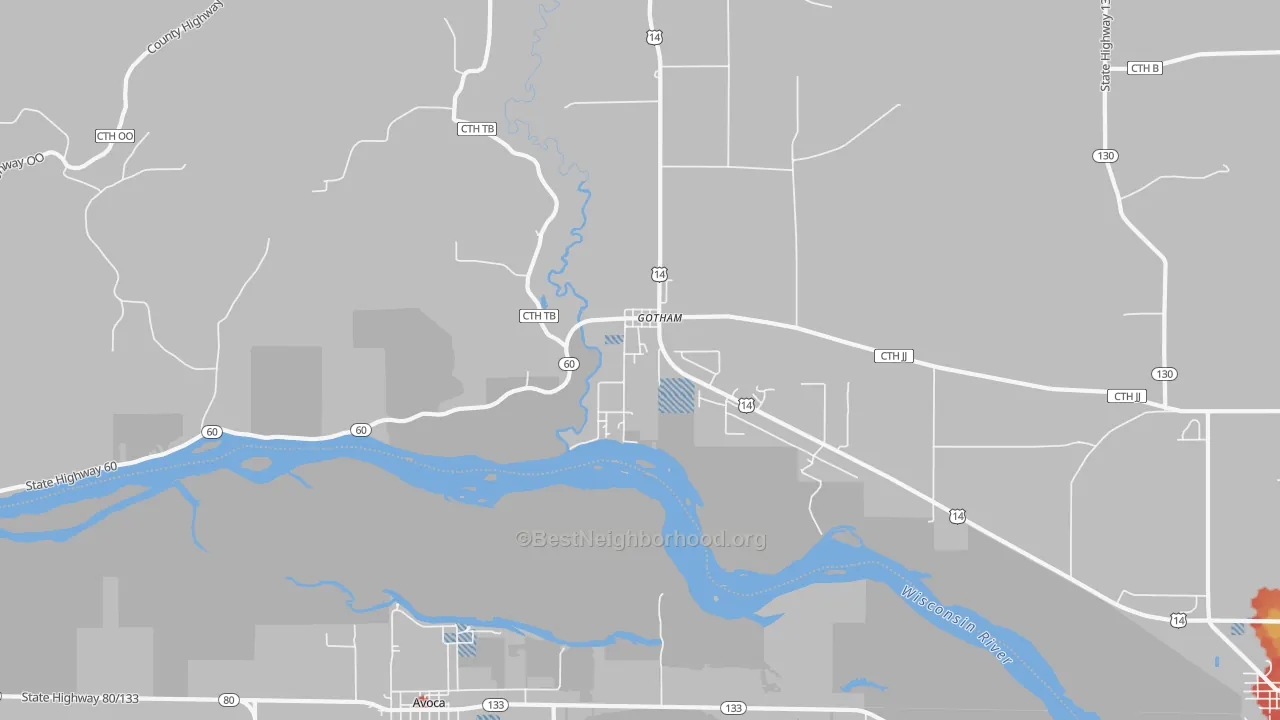 Walk Grade map of Gotham, WI, walkable areas in green and car-dependent areas in red