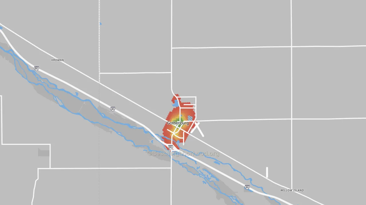 Walk Grade map of Gothenburg, NE, walkable areas in green and car-dependent areas in red