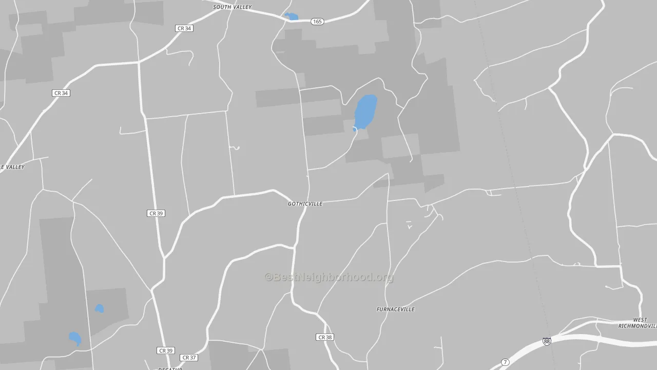 Walk Grade map of Gothicville, NY, walkable areas in green and car-dependent areas in red