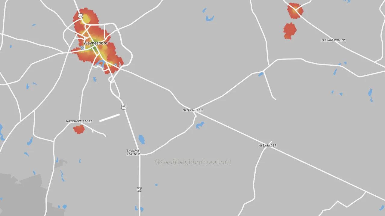 Walk Grade map of Gough, GA, walkable areas in green and car-dependent areas in red