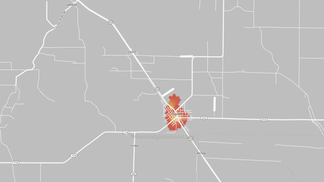Walk Grade map of Gould, AR, walkable areas in green and car-dependent areas in red