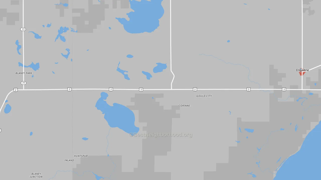 Walk Grade map of Gould City, MI, walkable areas in green and car-dependent areas in red