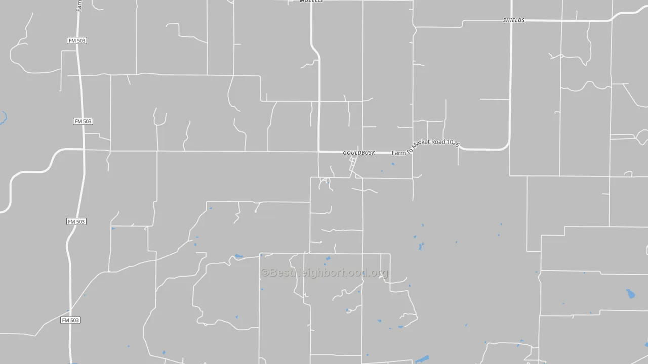 Walk Grade map of Gouldbusk, TX, walkable areas in green and car-dependent areas in red