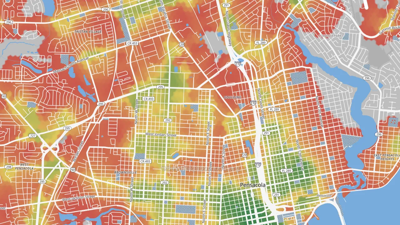 Walk Grade map of Goulding, FL, walkable areas in green and car-dependent areas in red