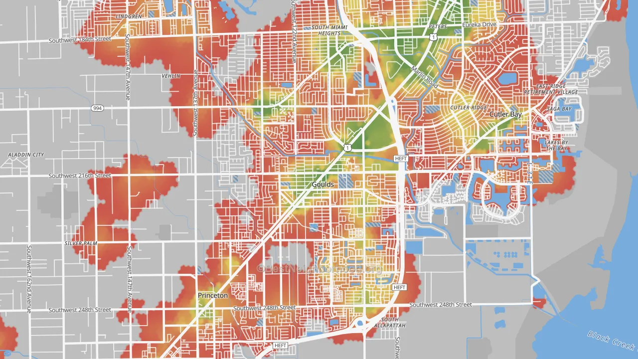 Walk Grade map of Goulds, FL, walkable areas in green and car-dependent areas in red