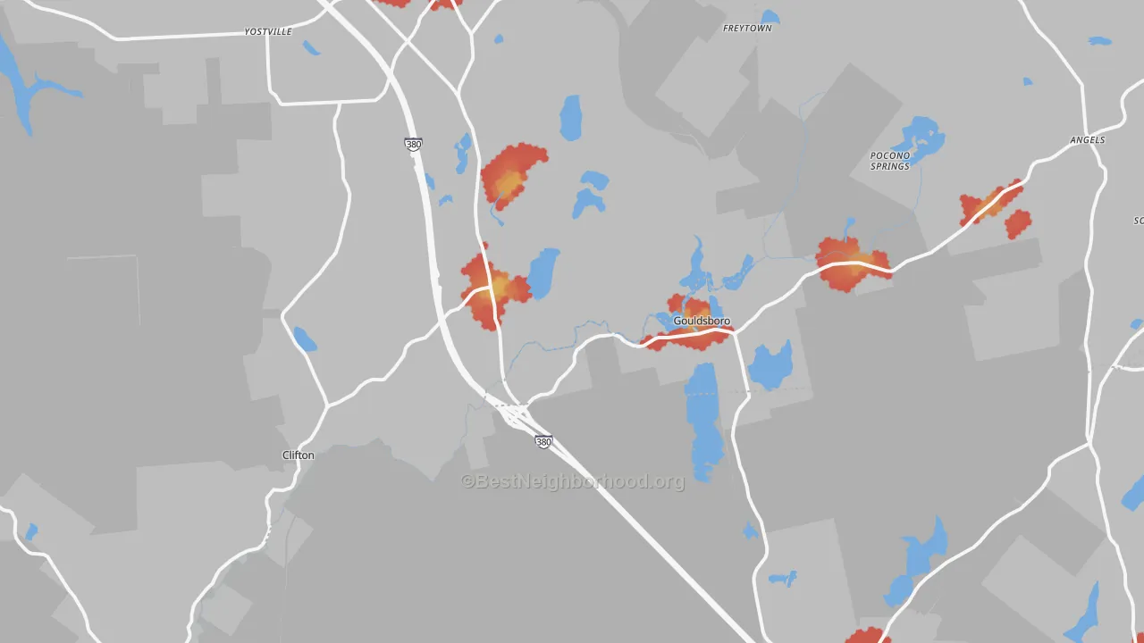 Walk Grade map of Gouldsboro, PA, walkable areas in green and car-dependent areas in red