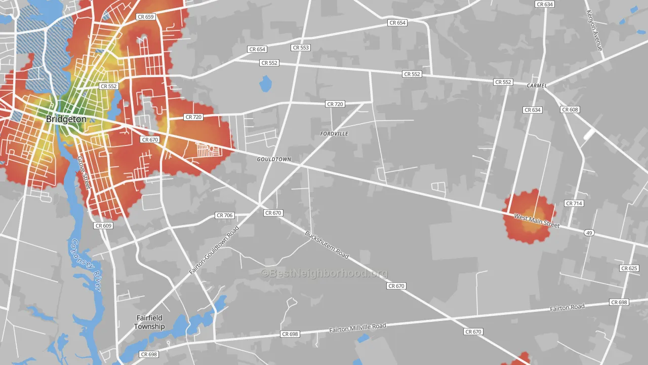 Walk Grade map of Gouldtown, NJ, walkable areas in green and car-dependent areas in red