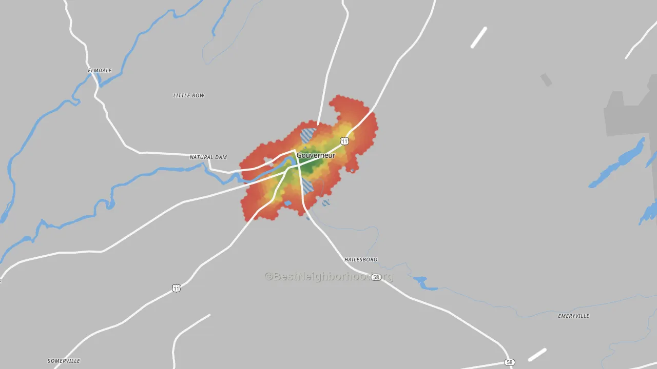 Walk Grade map of Gouverneur, NY, walkable areas in green and car-dependent areas in red