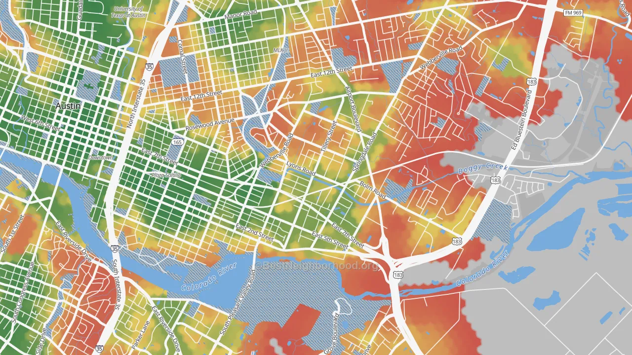 Walk Grade map of Govalle, Austin, TX, walkable areas in green and car-dependent areas in red