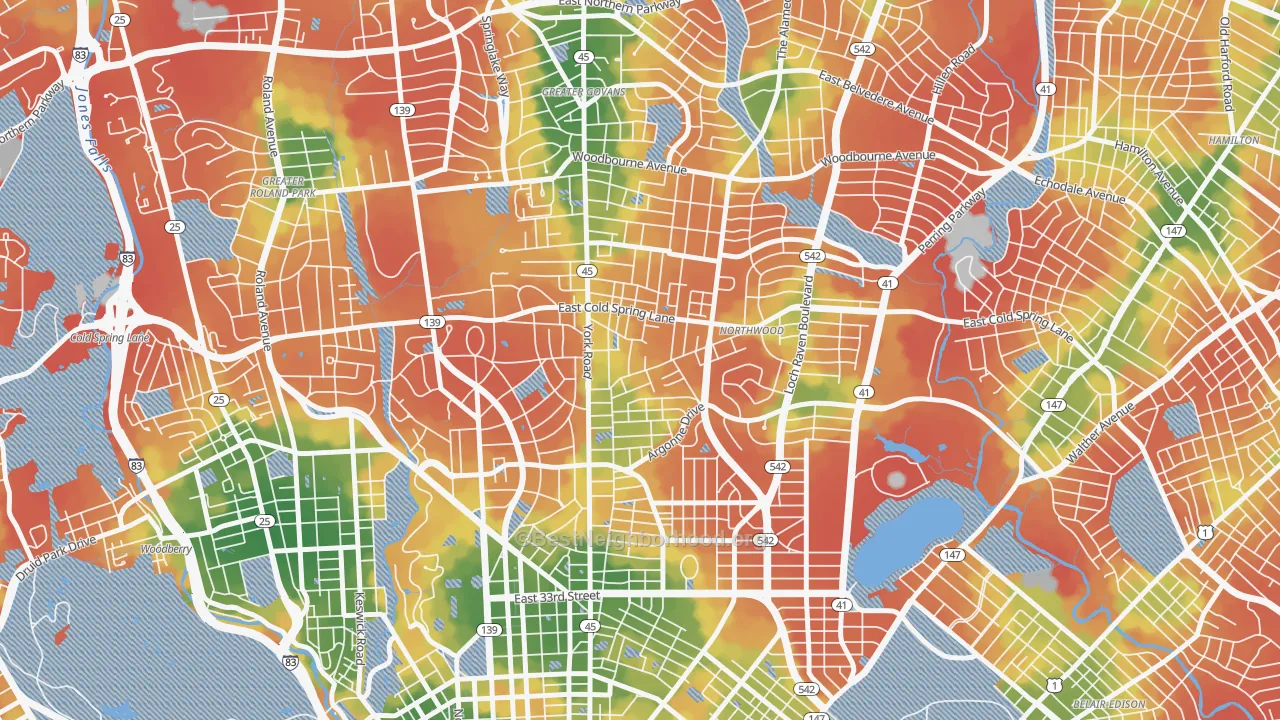 Walk Grade map of Govans, Baltimore, MD, walkable areas in green and car-dependent areas in red