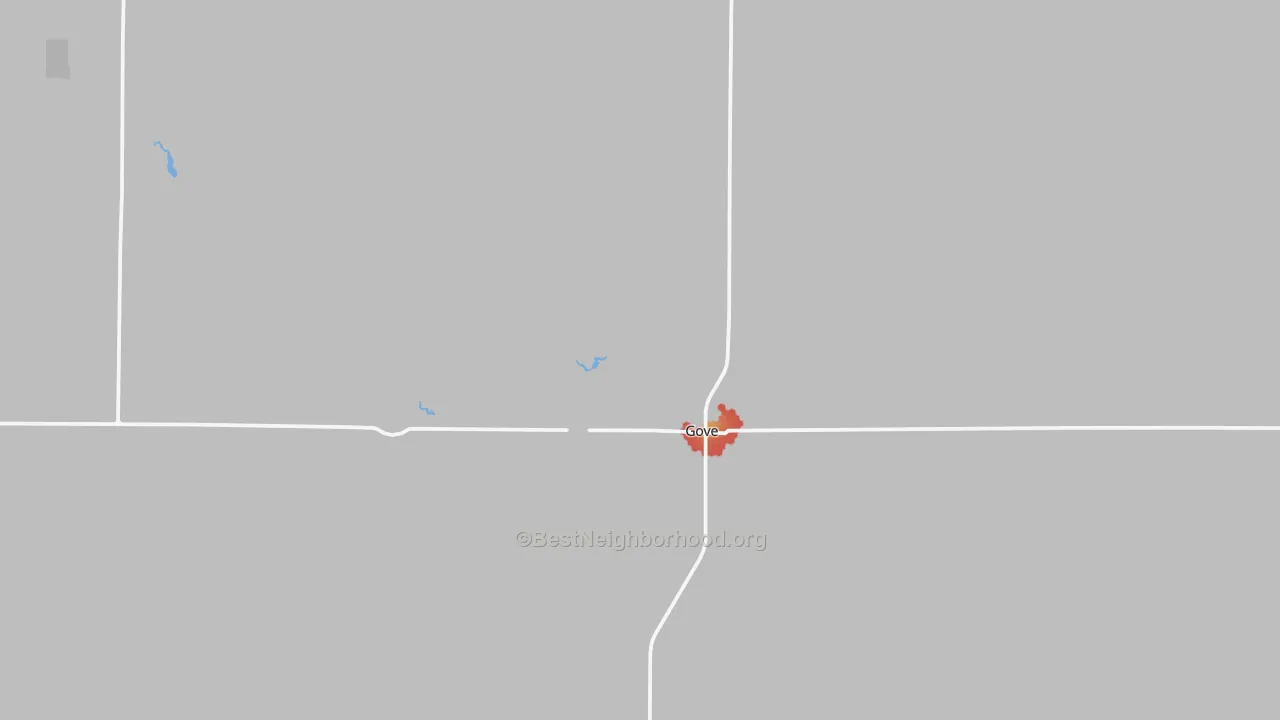 Walk Grade map of Gove City, KS, walkable areas in green and car-dependent areas in red