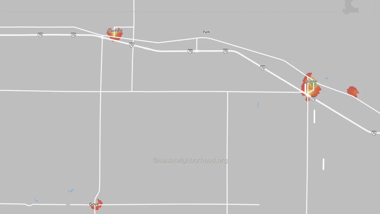 Walk Grade map of Gove County, KS, walkable areas in green and car-dependent areas in red