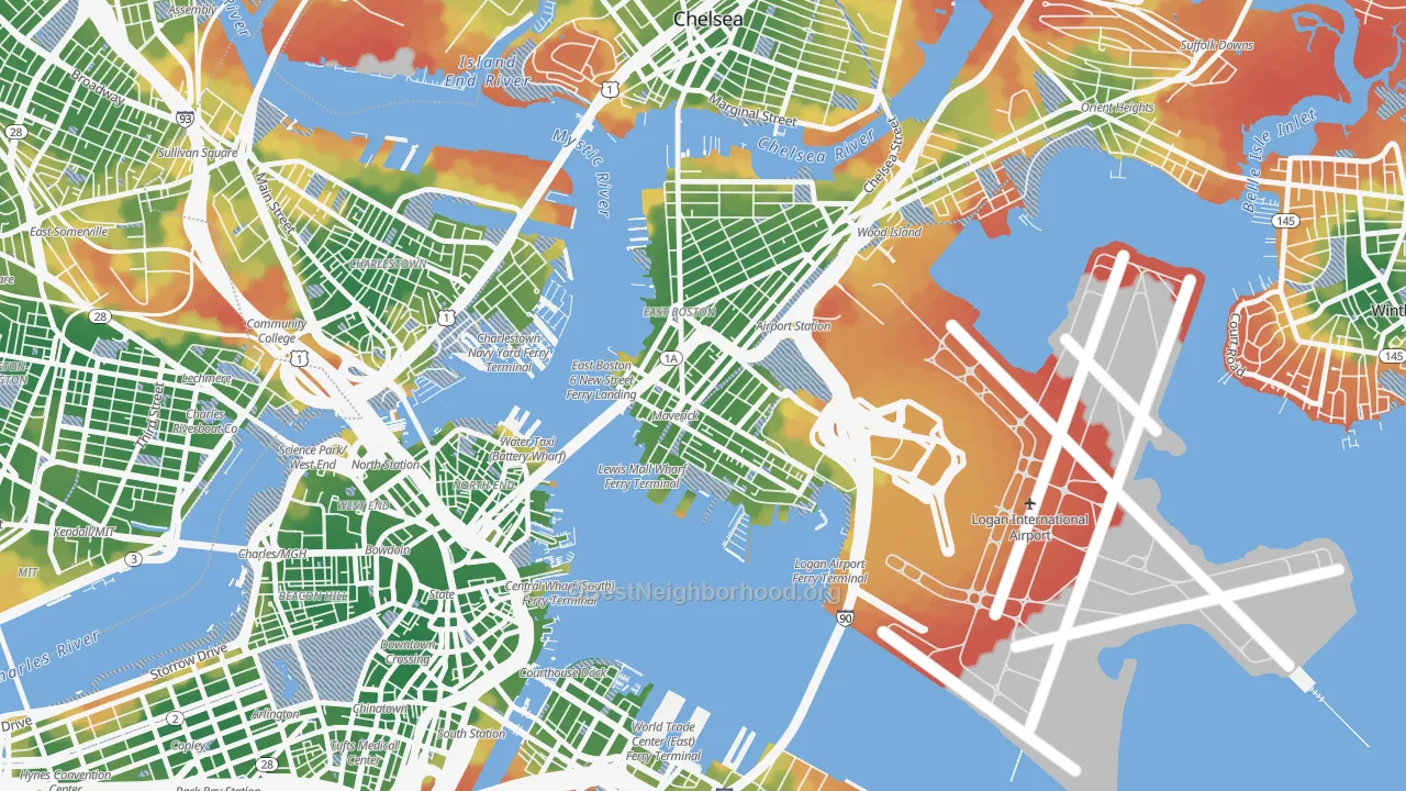 Walk Grade map of Gove Street, Boston, MA, walkable areas in green and car-dependent areas in red