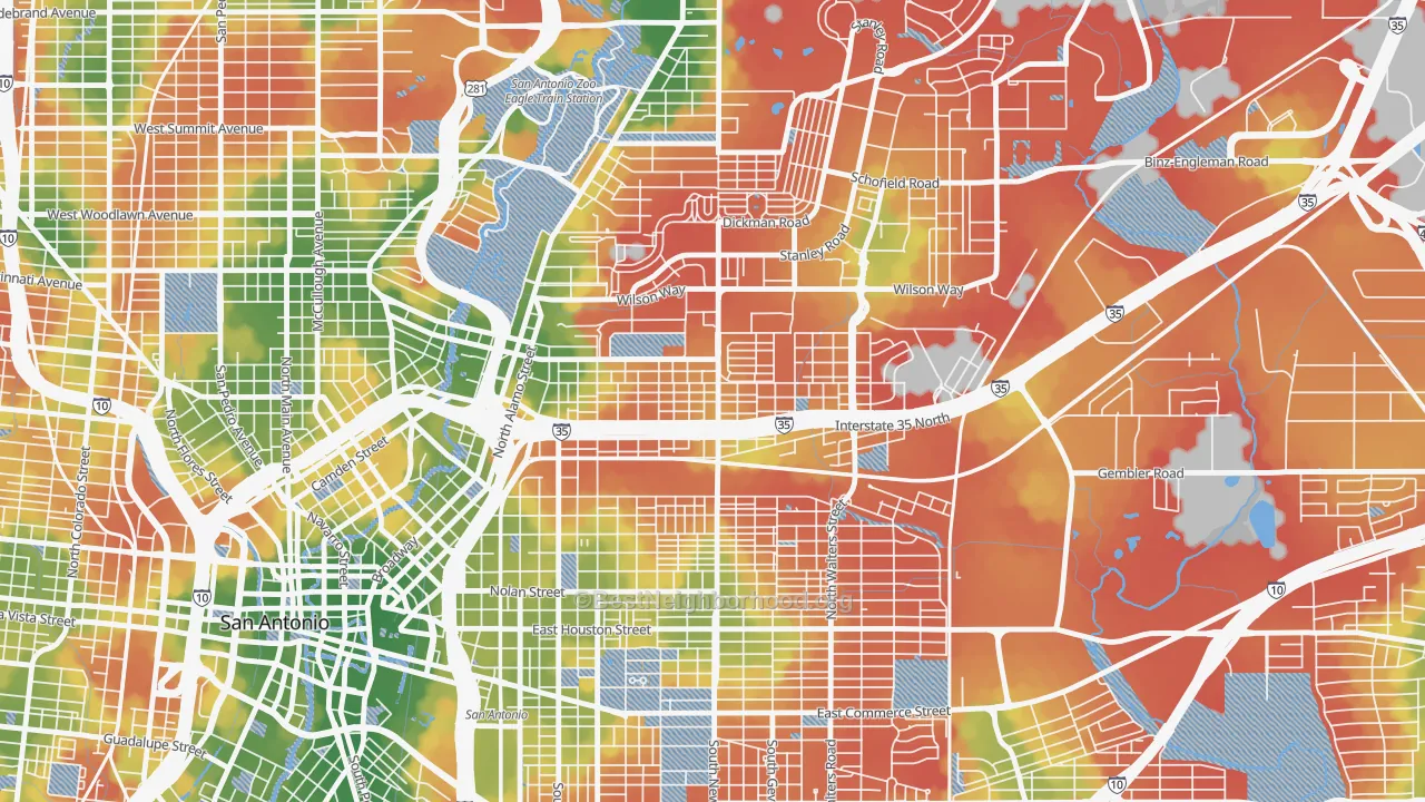 Walk Grade map of Government Hill Alliance, San Antonio, TX, walkable areas in green and car-dependent areas in red