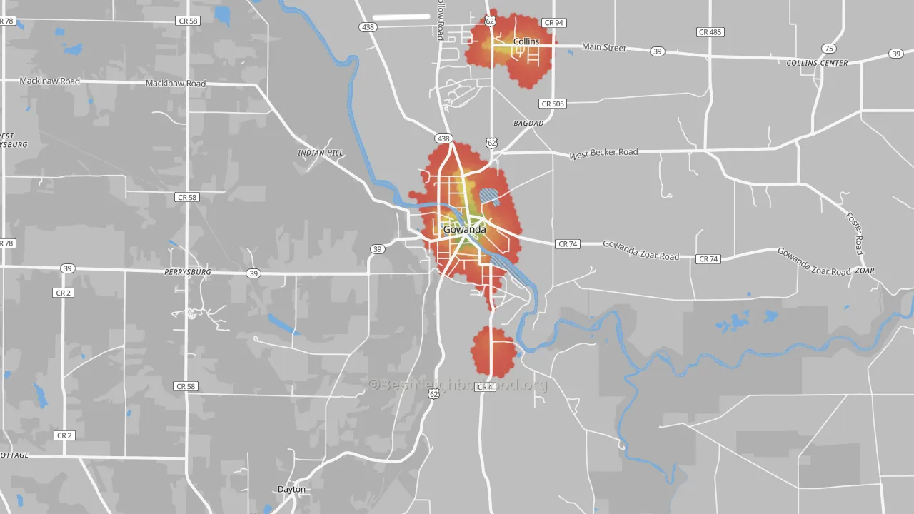 Walk Grade map of Gowanda, NY, walkable areas in green and car-dependent areas in red