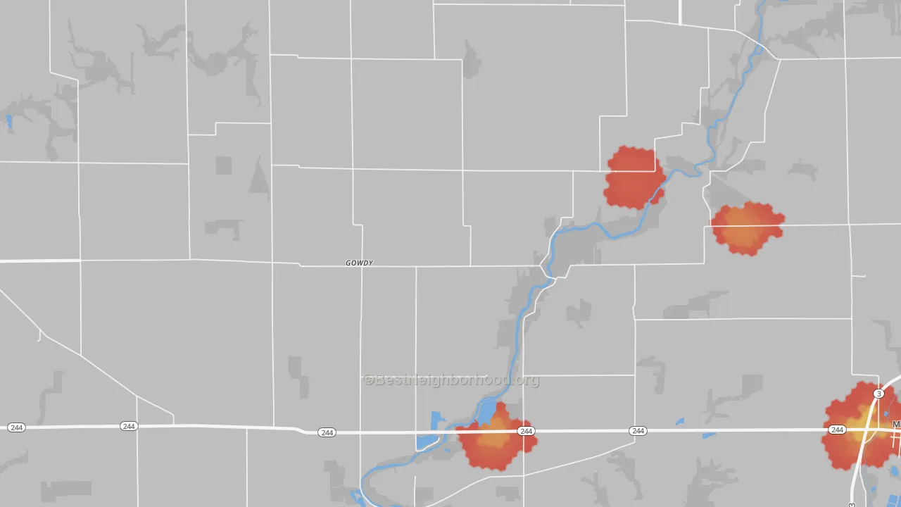 Walk Grade map of Gowdy, IN, walkable areas in green and car-dependent areas in red