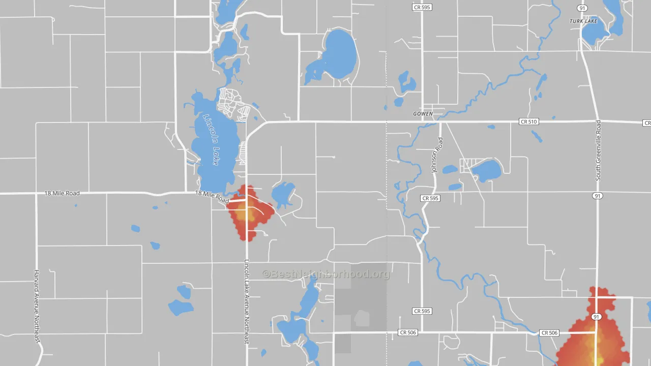 Walk Grade map of Gowen, MI, walkable areas in green and car-dependent areas in red