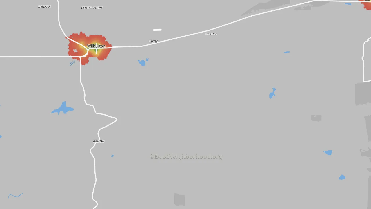 Walk Grade map of Gowen, OK, walkable areas in green and car-dependent areas in red