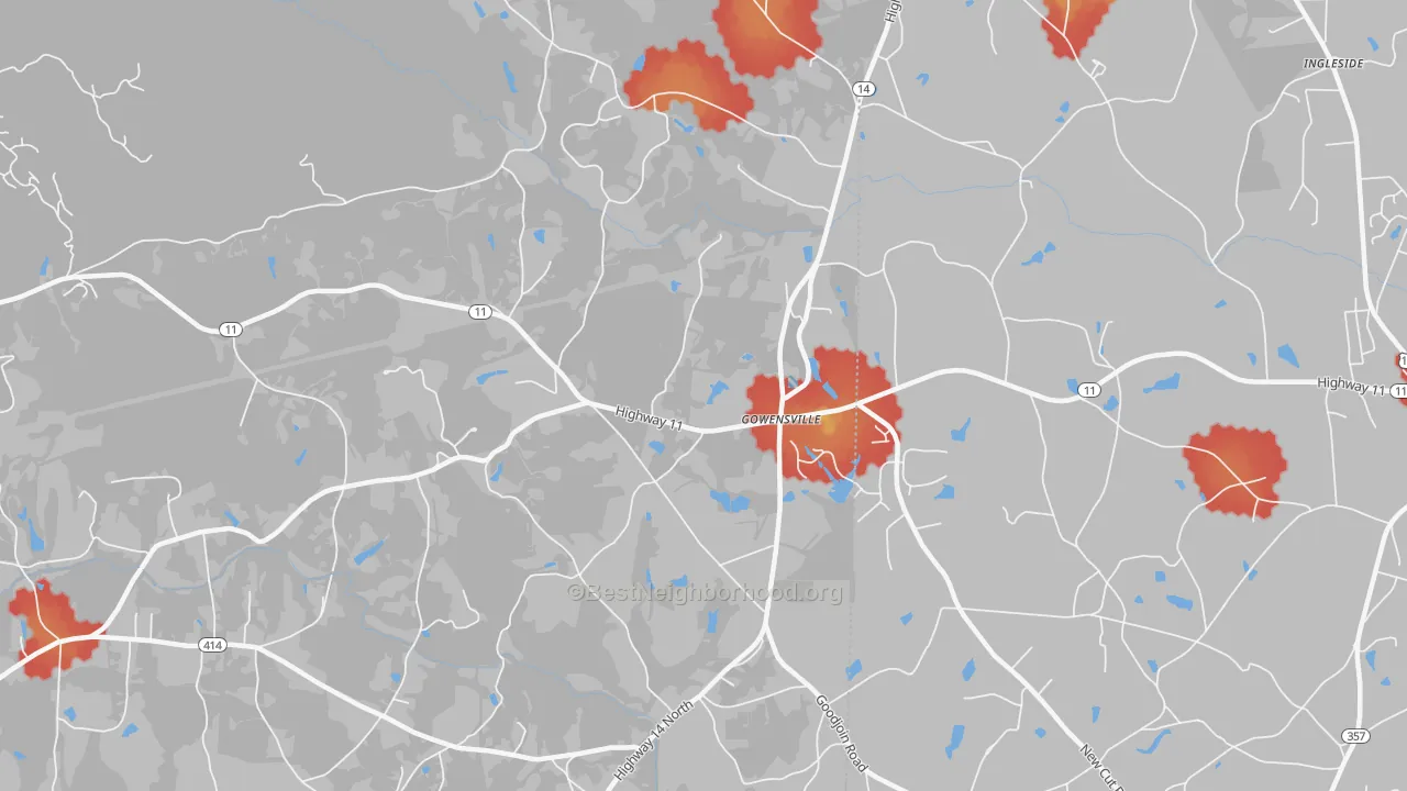 Walk Grade map of Gowensville, SC, walkable areas in green and car-dependent areas in red