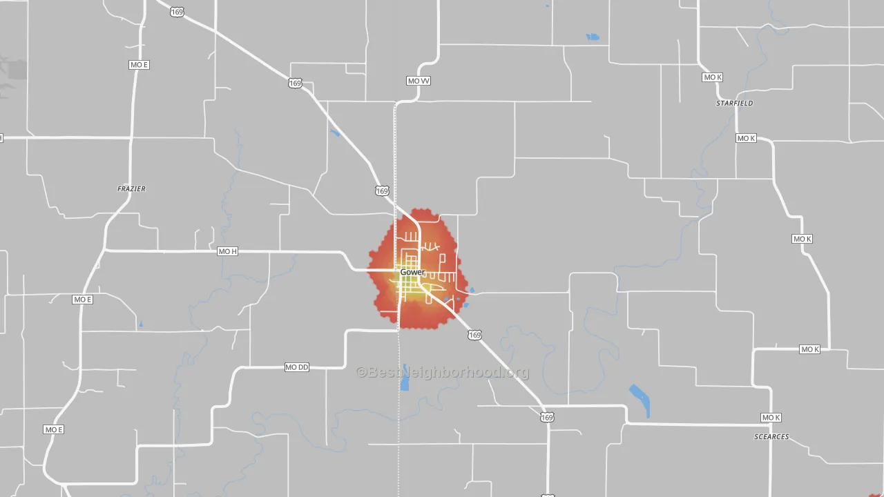 Walk Grade map of Gower, MO, walkable areas in green and car-dependent areas in red