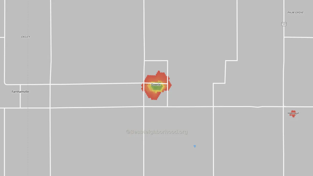 Walk Grade map of Gowrie, IA, walkable areas in green and car-dependent areas in red