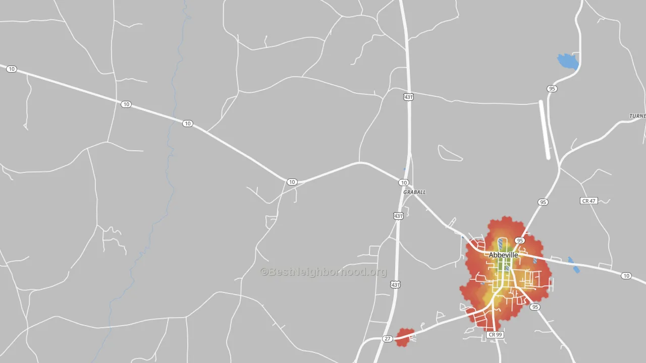 Walk Grade map of Graball, AL, walkable areas in green and car-dependent areas in red