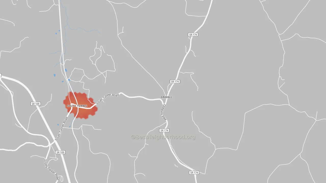 Walk Grade map of Graball, TN, walkable areas in green and car-dependent areas in red