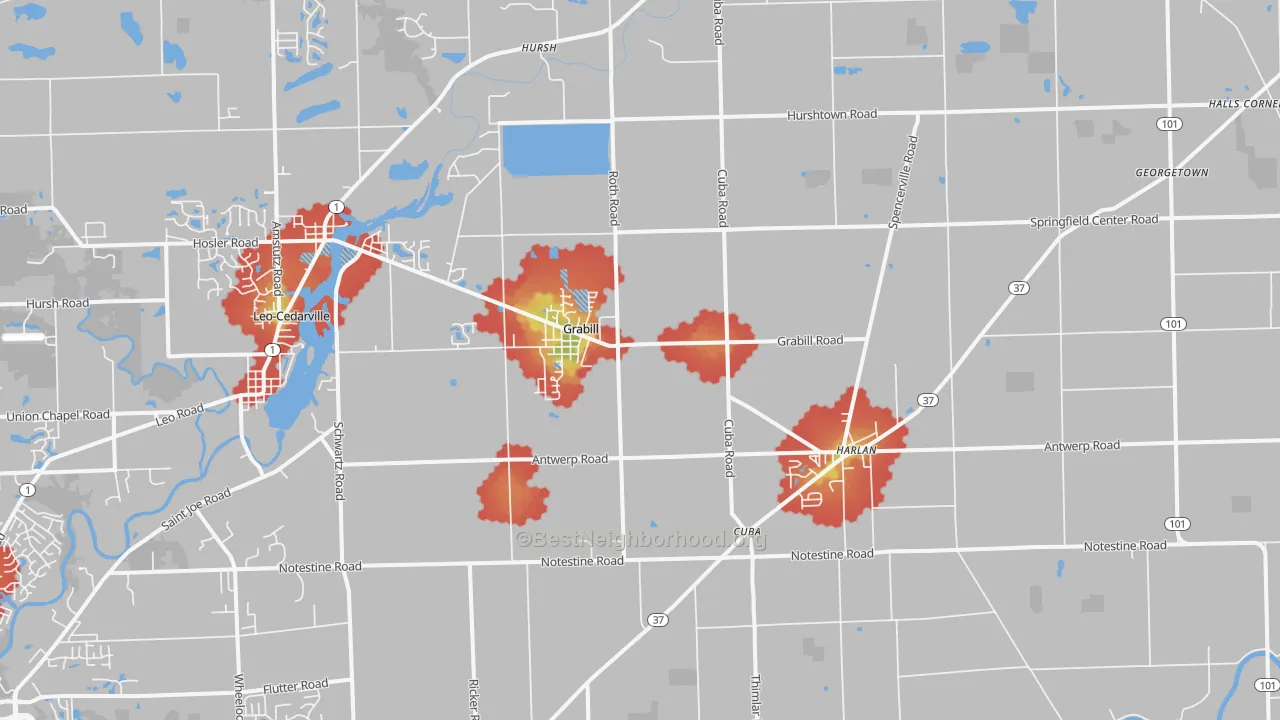 Walk Grade map of Grabill, IN, walkable areas in green and car-dependent areas in red