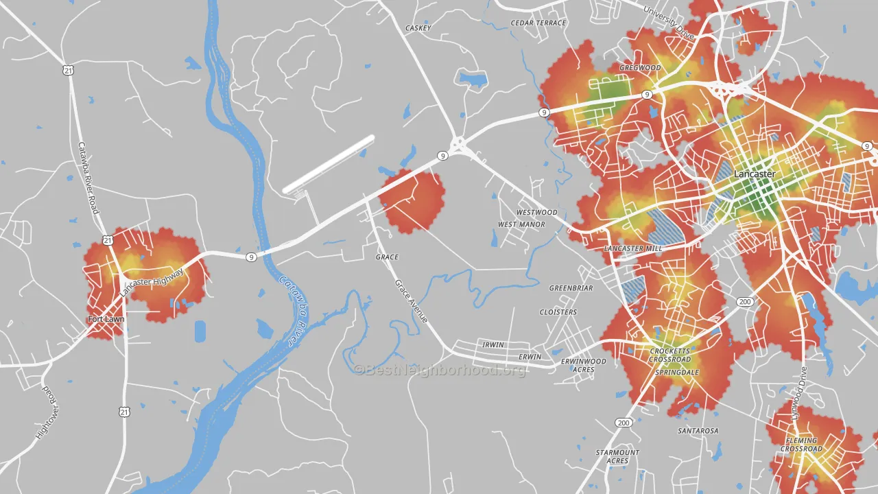 Walk Grade map of Grace, SC, walkable areas in green and car-dependent areas in red