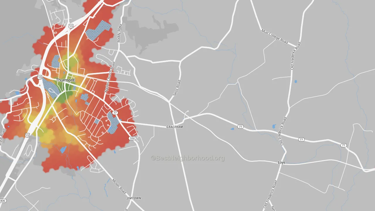 Walk Grade map of Graceham, MD, walkable areas in green and car-dependent areas in red