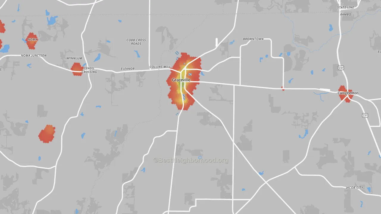 Walk Grade map of Graceville, FL, walkable areas in green and car-dependent areas in red