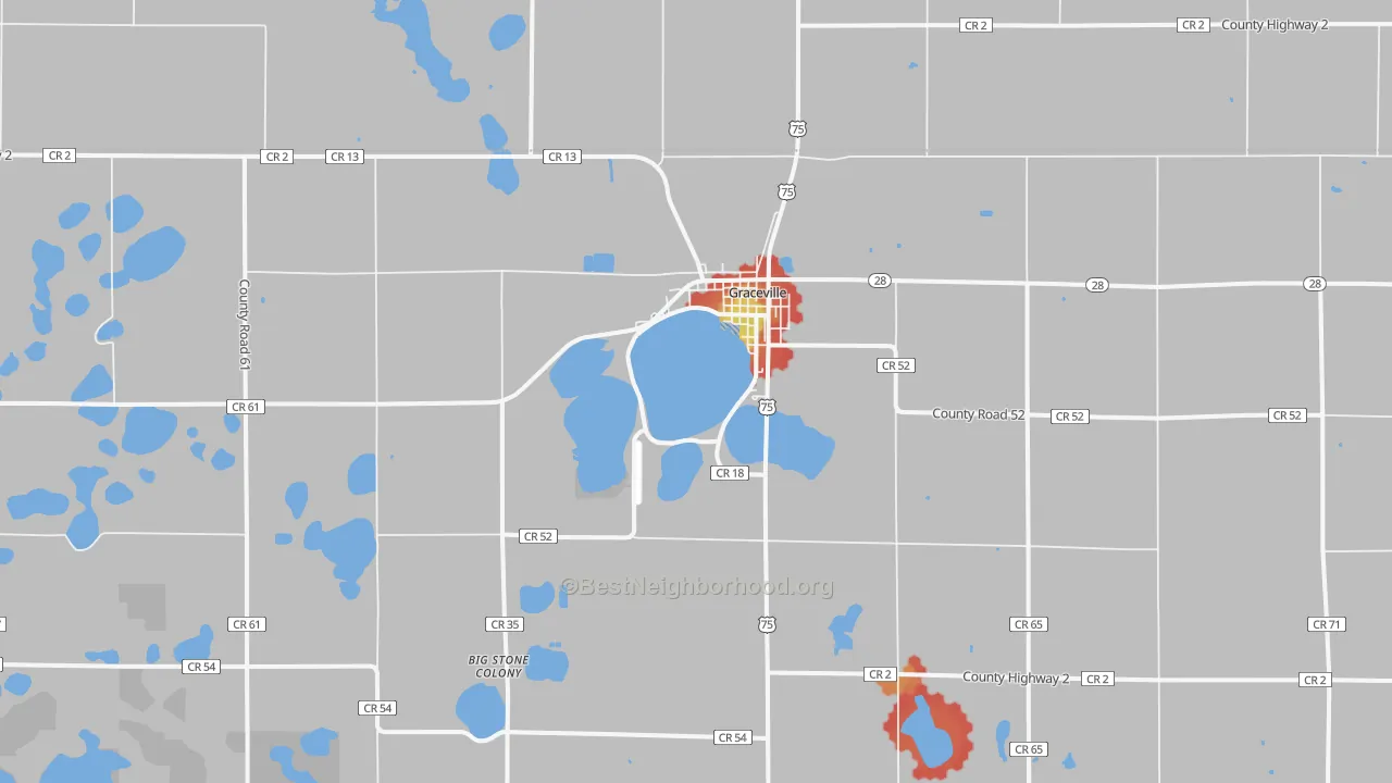 Walk Grade map of Graceville, MN, walkable areas in green and car-dependent areas in red