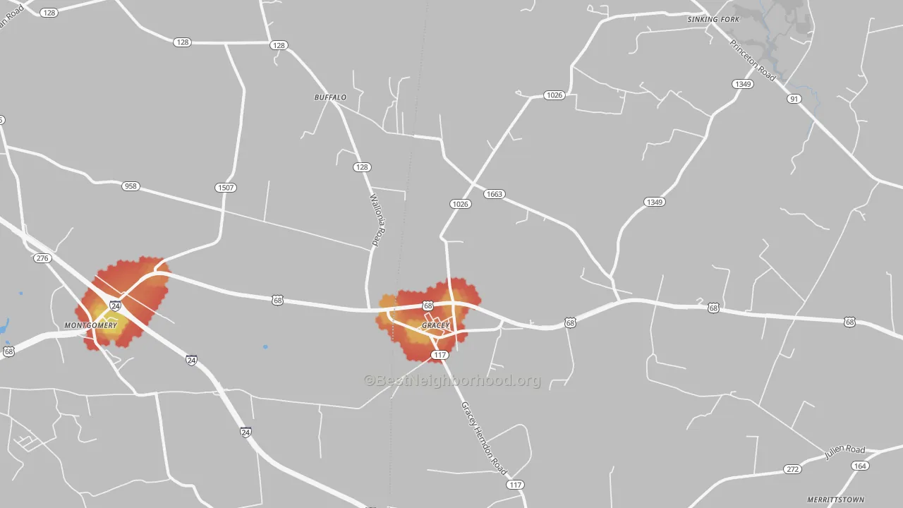 Walk Grade map of Gracey, KY, walkable areas in green and car-dependent areas in red