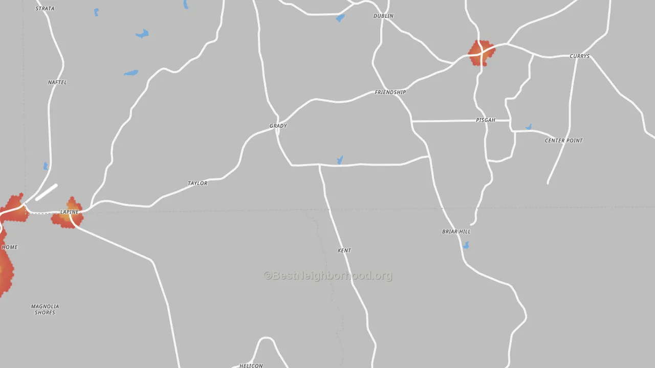 Walk Grade map of Grady, AL, walkable areas in green and car-dependent areas in red