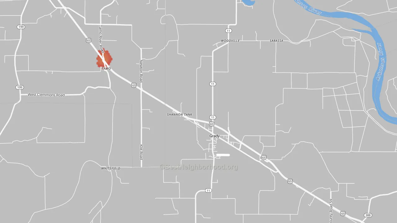 Walk Grade map of Grady, AR, walkable areas in green and car-dependent areas in red