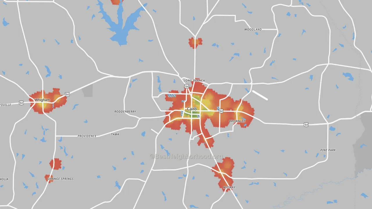 Walk Grade map of Grady County, GA, walkable areas in green and car-dependent areas in red