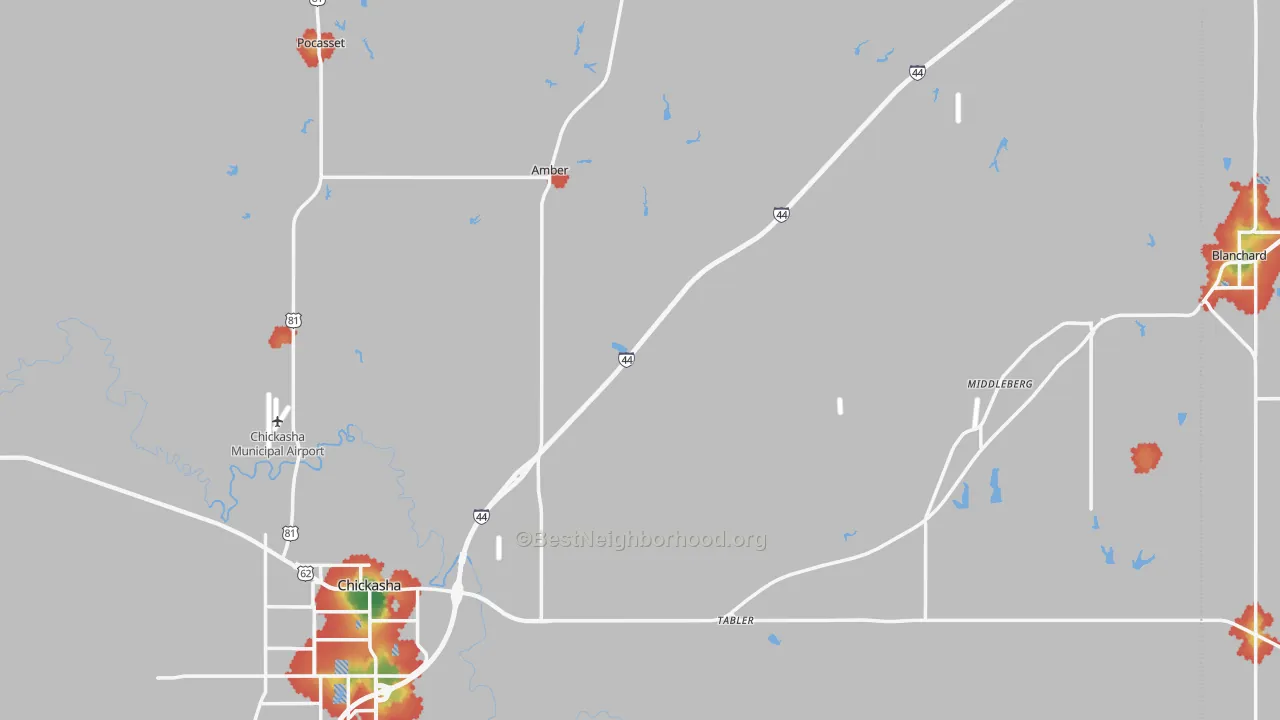 Walk Grade map of Grady County, OK, walkable areas in green and car-dependent areas in red