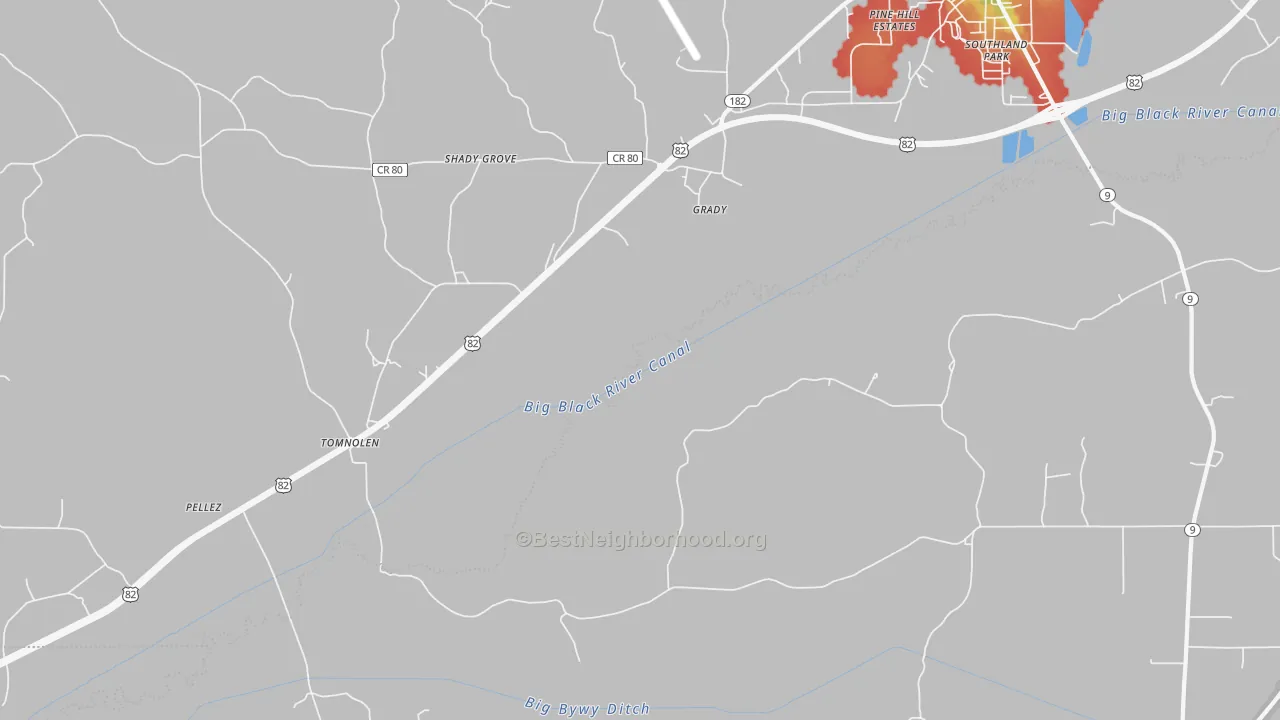 Walk Grade map of Grady, MS, walkable areas in green and car-dependent areas in red