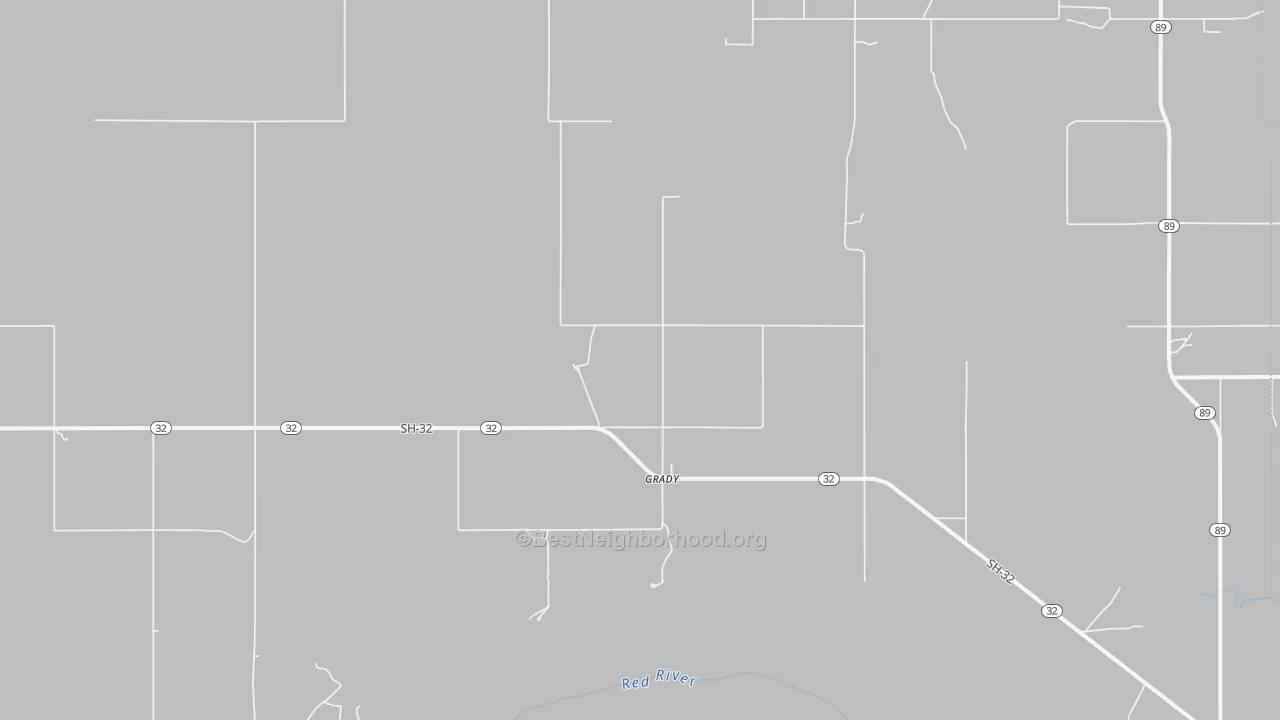 Walk Grade map of Grady, OK, walkable areas in green and car-dependent areas in red