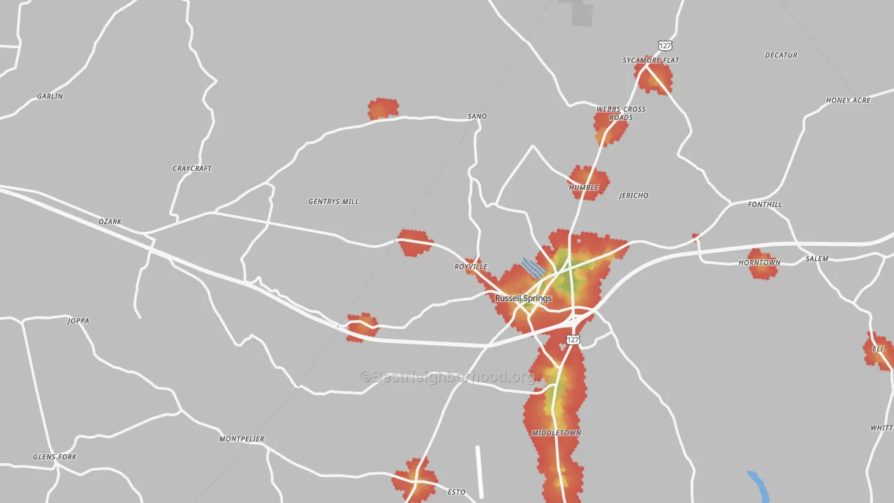 Walk Grade map of Gradyville, KY, walkable areas in green and car-dependent areas in red