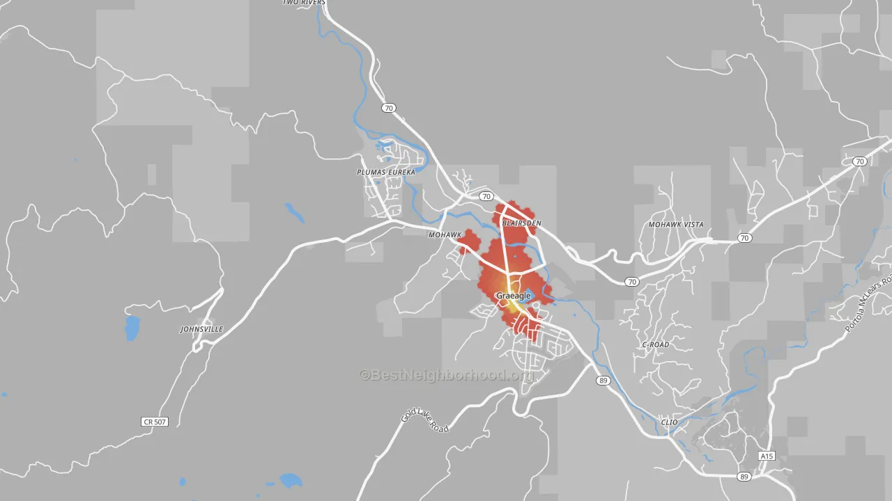 Walk Grade map of Graeagle, CA, walkable areas in green and car-dependent areas in red